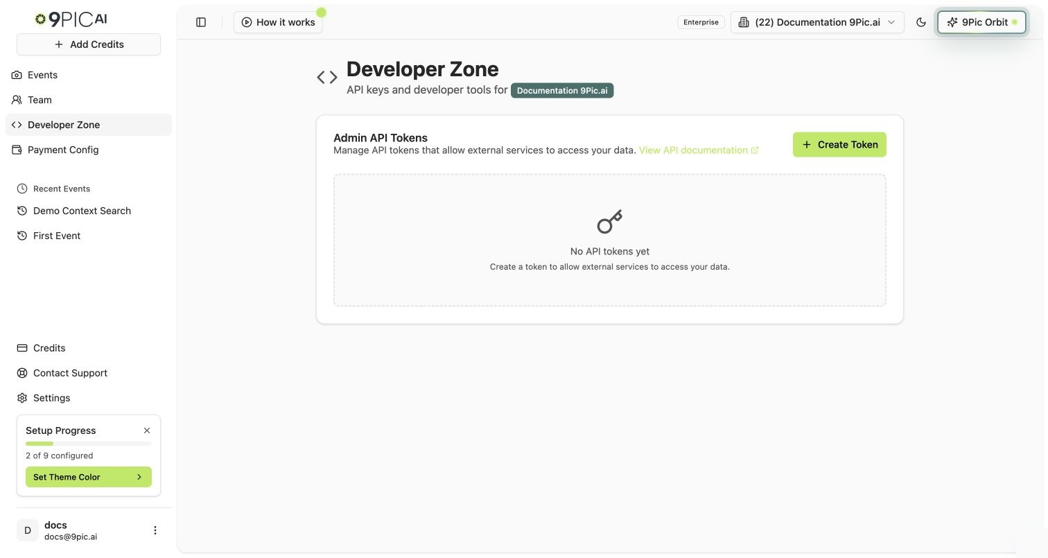 Developer Zone page on an Enterprise organisation showing the Admin API Tokens card with an empty state and Create Token button
