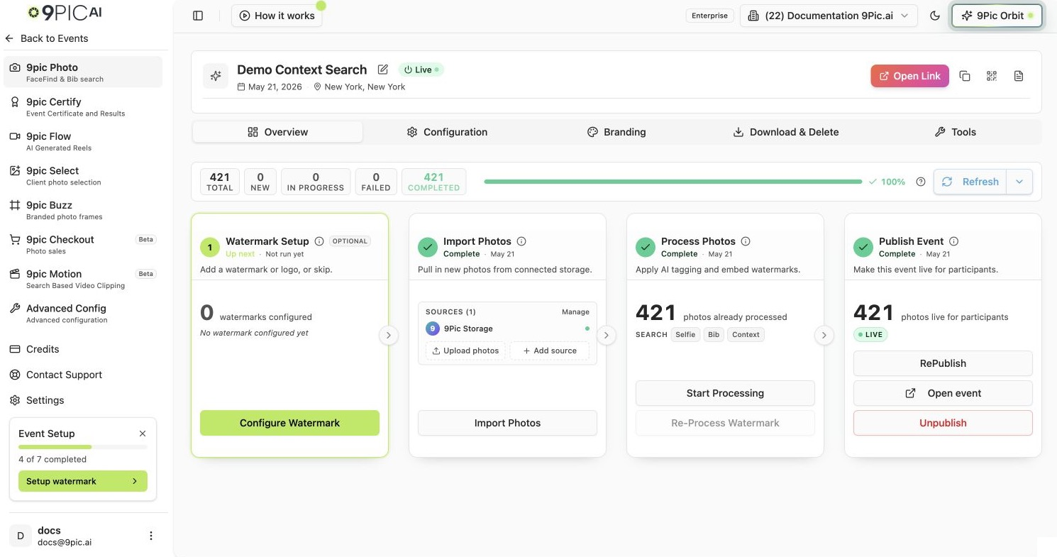 Event header showing event name, Live status, Open Link, copy, QR, and document action buttons