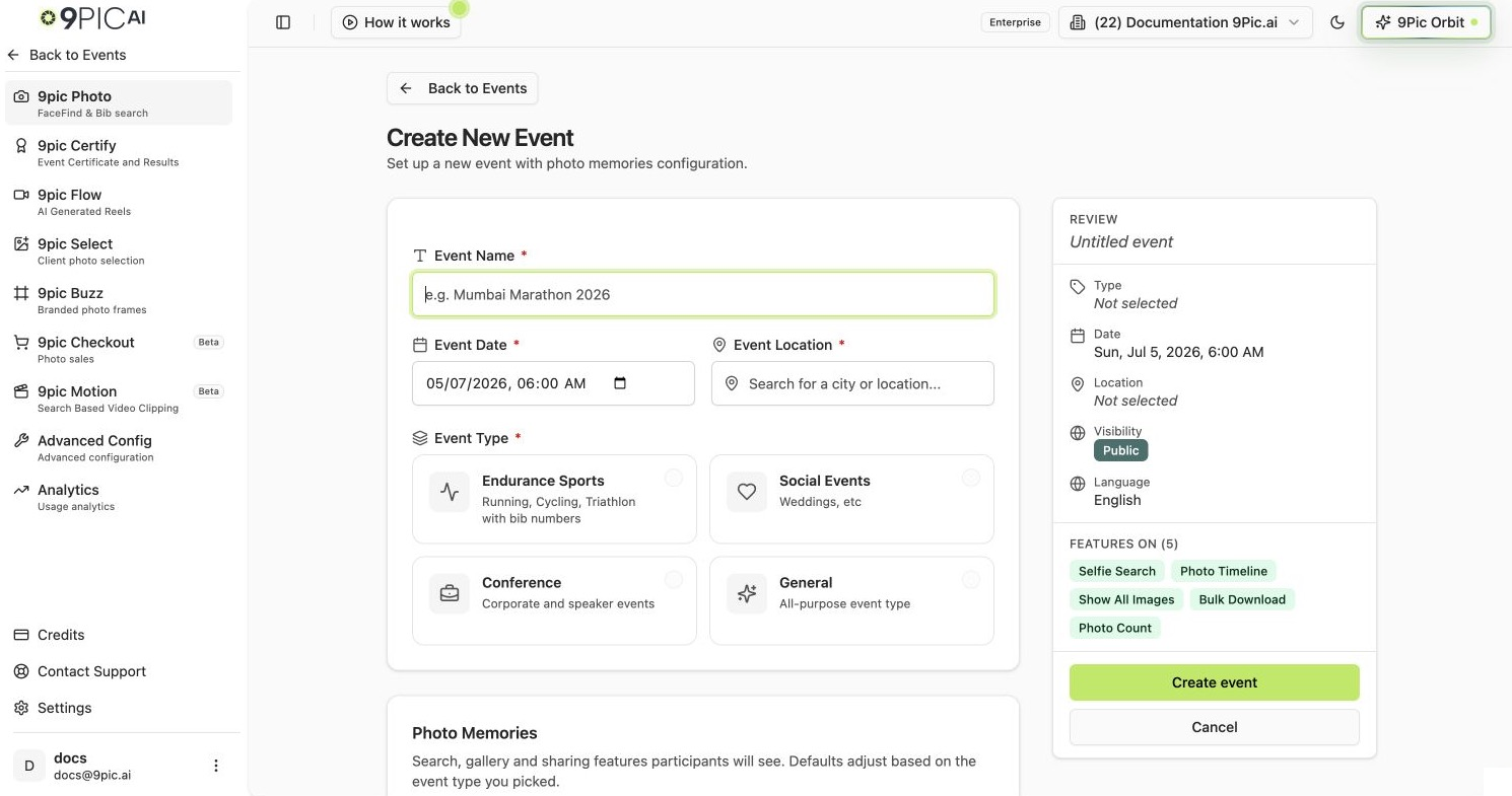Create New Event form showing Event Name, Event Date, Event Location, Event Type cards, live review panel, and the start of Photo Memories options