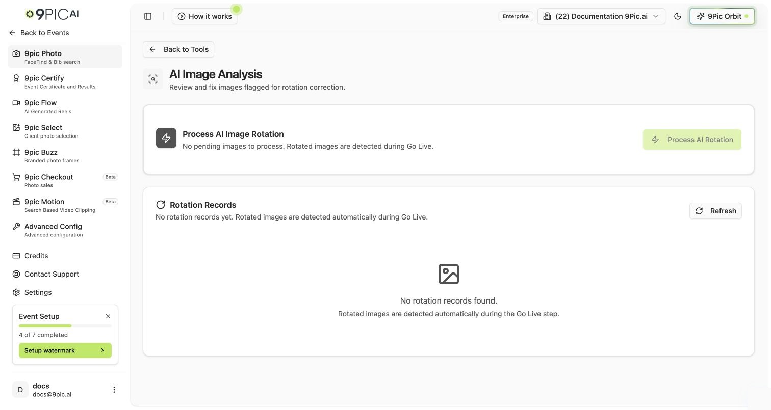 AI Image Analysis page showing the Process AI Image Rotation card and Rotation Records empty state