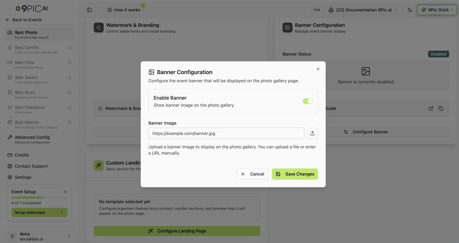 Banner Configuration modal showing the enable banner toggle, banner image URL field, upload button, and cancel/save actions