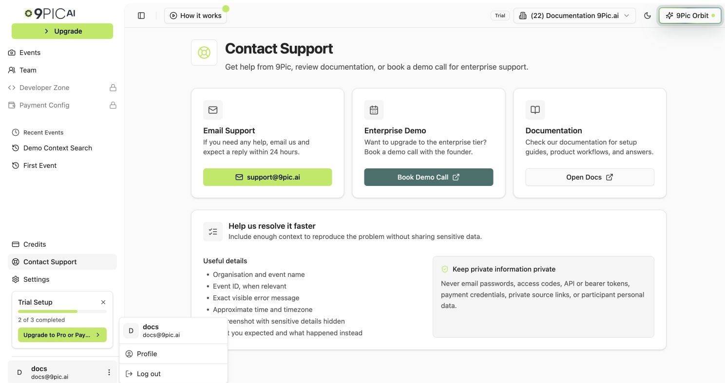 Sidebar account menu open for docs@9pic.ai with Profile and Log out menu items
