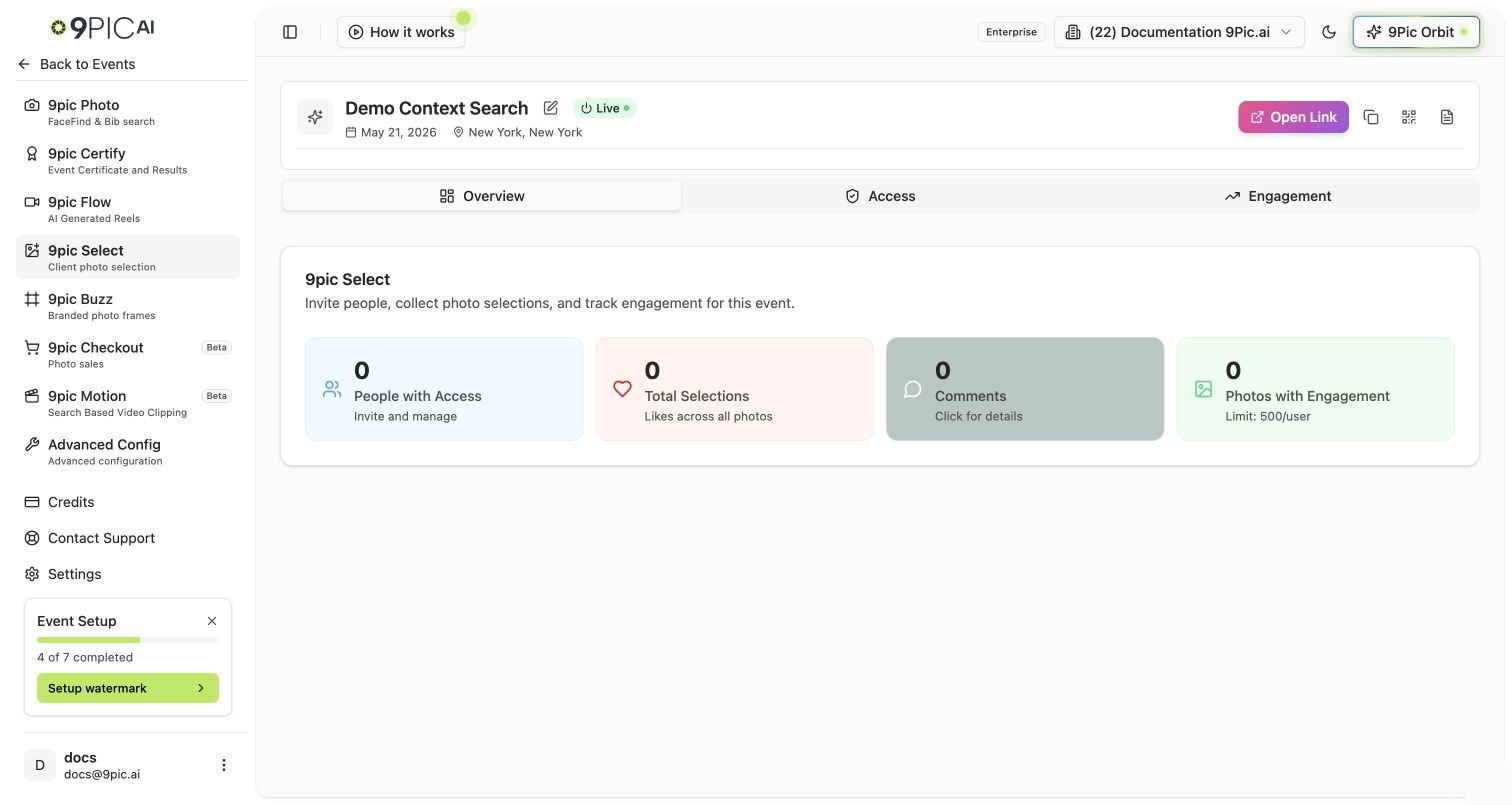 9Pic Select overview showing Access and Engagement tabs with selection summary cards