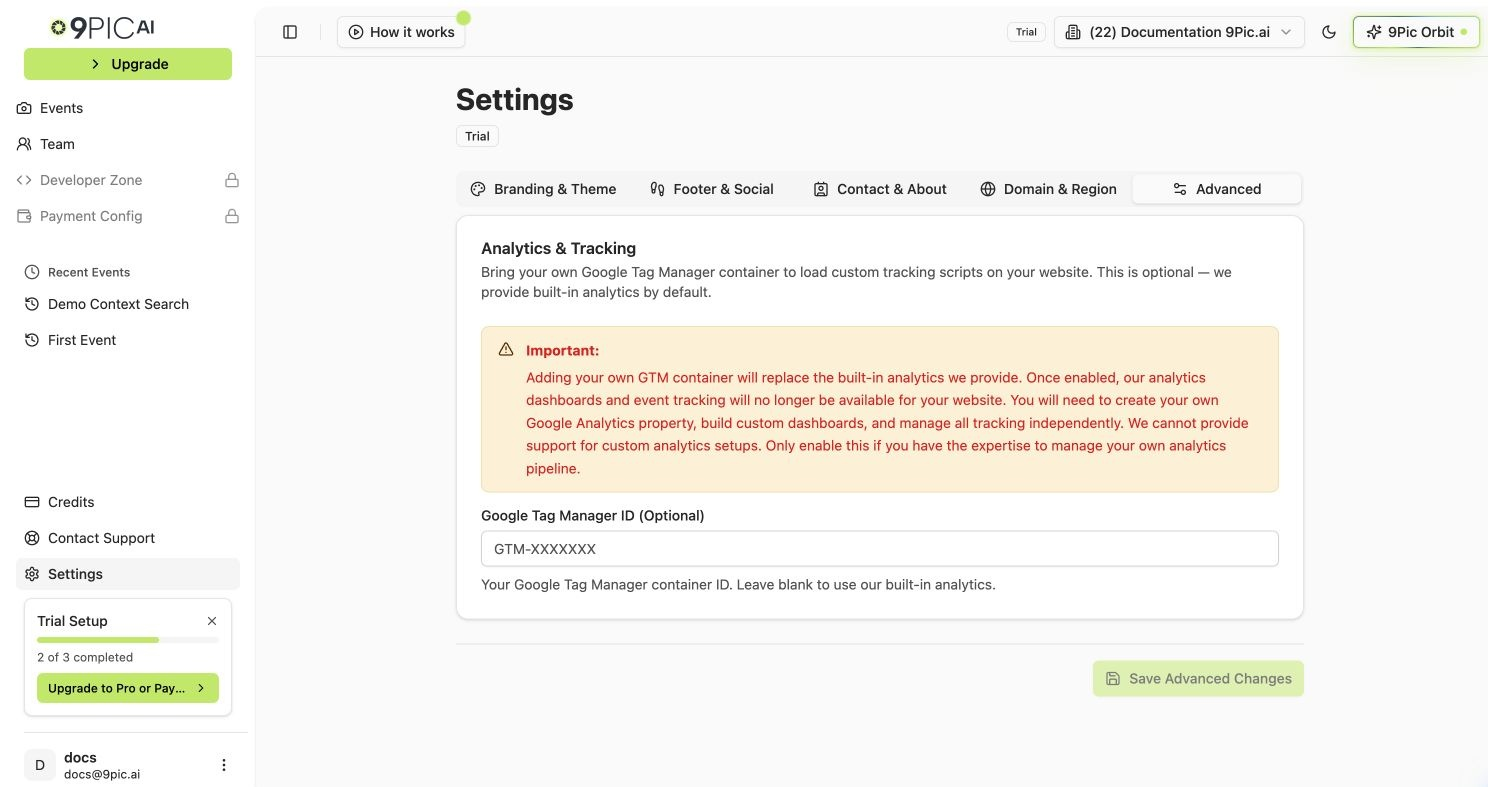 Advanced settings tab showing the Google Tag Manager warning alert and optional GTM container ID input
