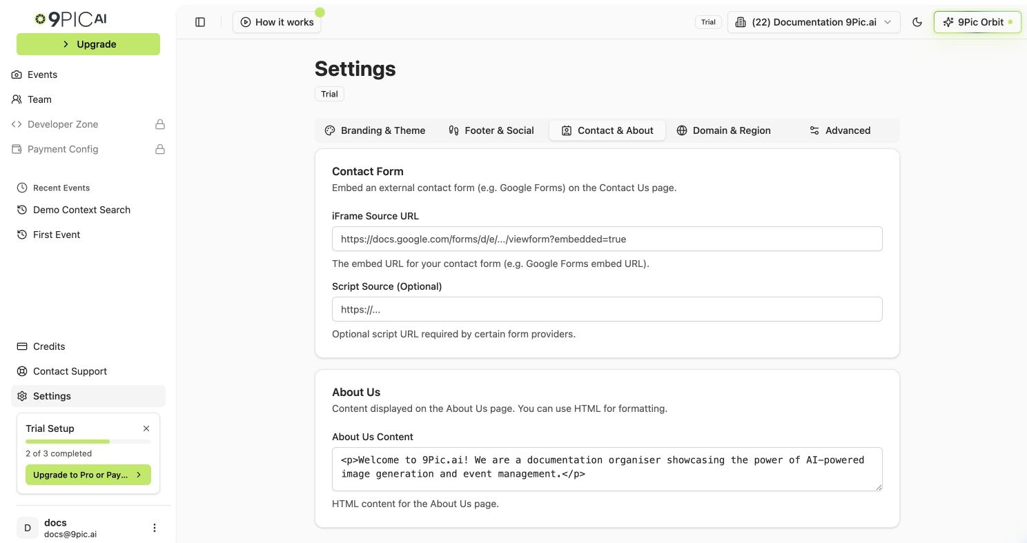 Contact and About settings tab showing the Contact Form iframe URL field and About Us HTML textarea