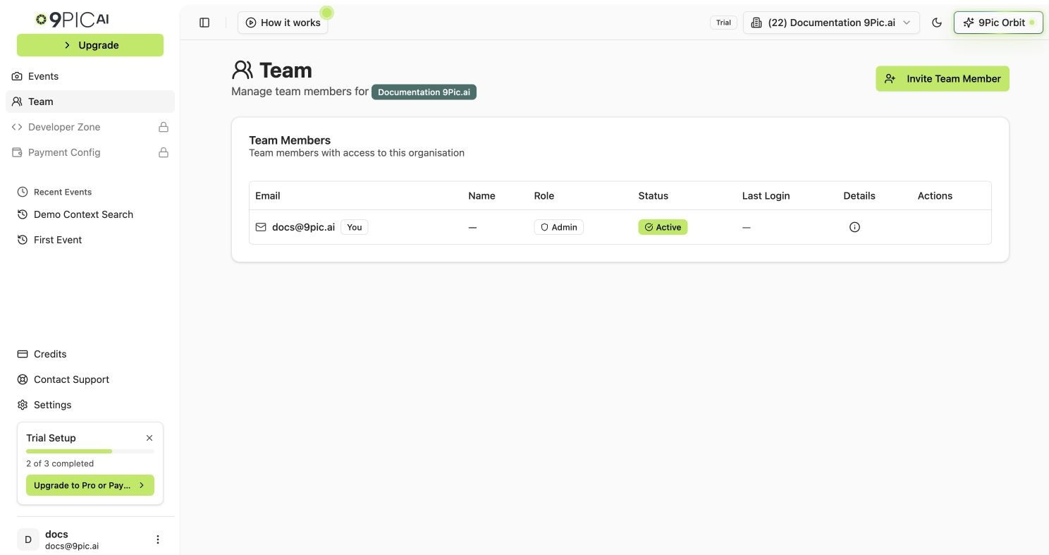 Team page showing the Invite Team Member button and a members table with docs@9pic.ai as an active admin