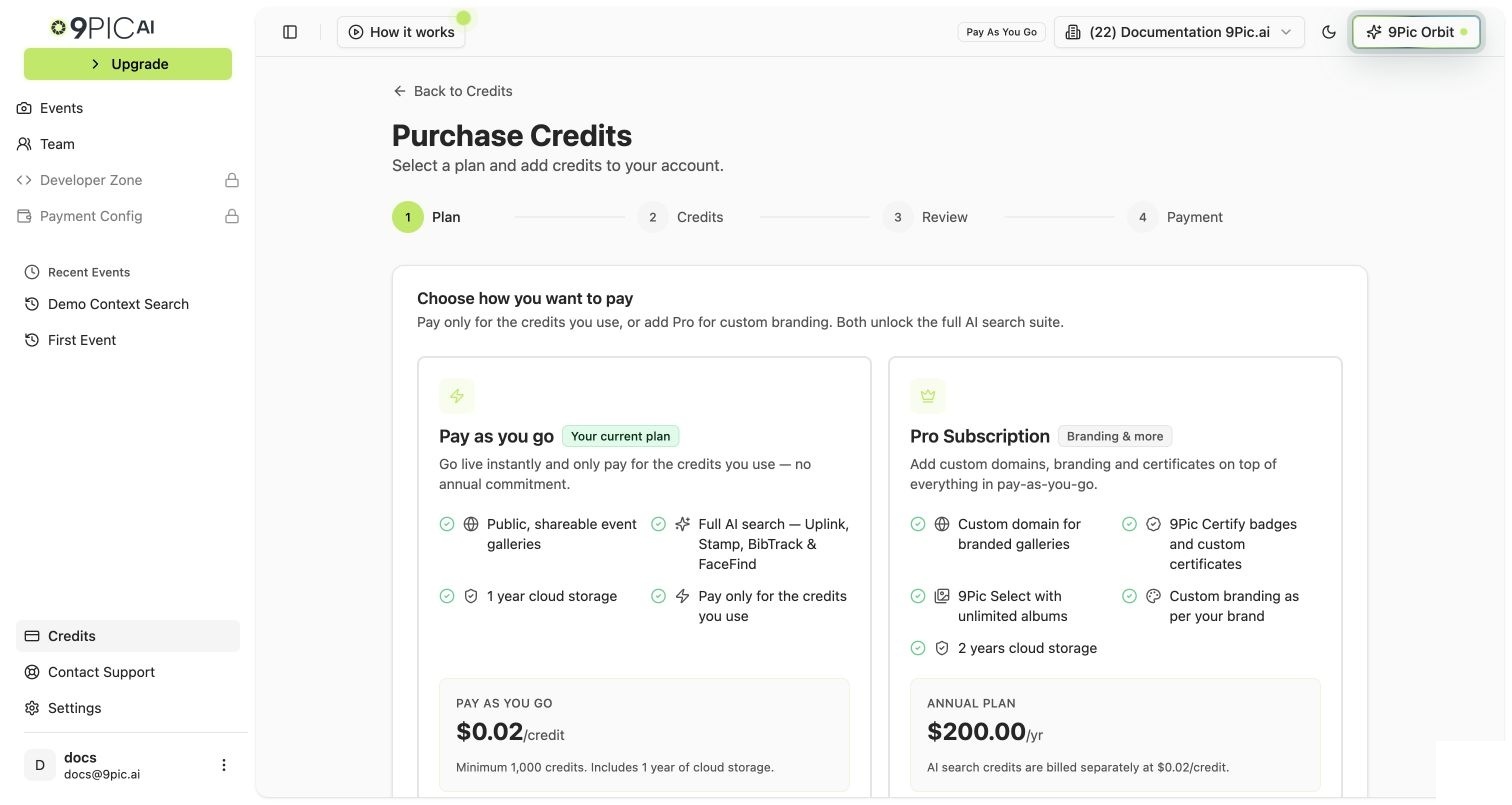 Purchase Credits Plan step on a Pay As You Go account showing the Pay as you go current-plan card alongside Pro Subscription