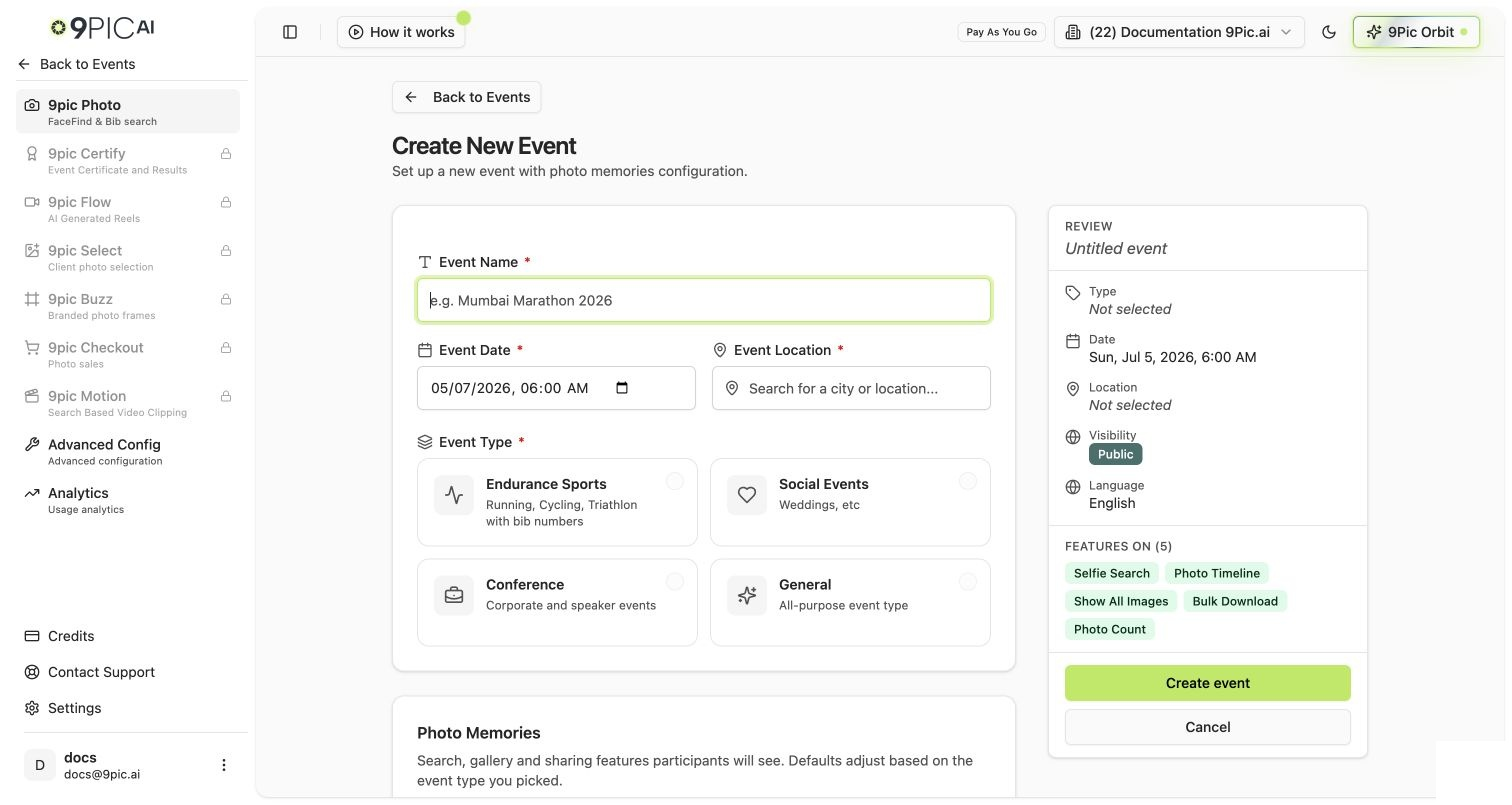 Create New Event page on a Pay As You Go account showing the review panel with Visibility set to Public