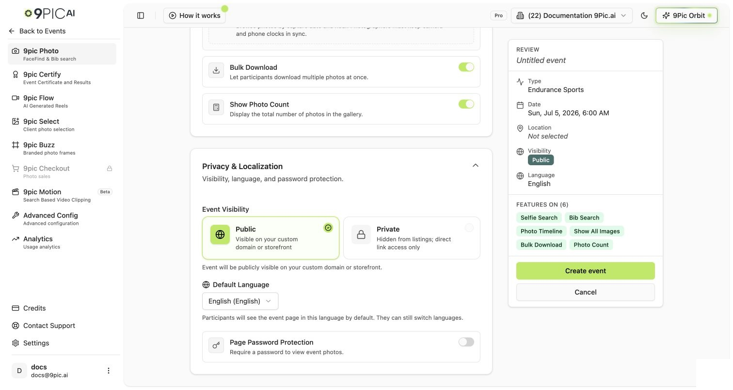 Create New Event form on a Pro account showing Event Visibility options with Public selected and Private available