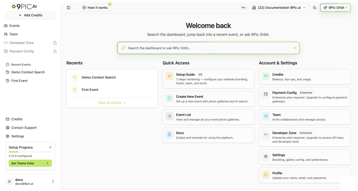 Pro dashboard home showing the Pro plan badge, Setup Guide quick-access card, recent events, and account settings shortcuts