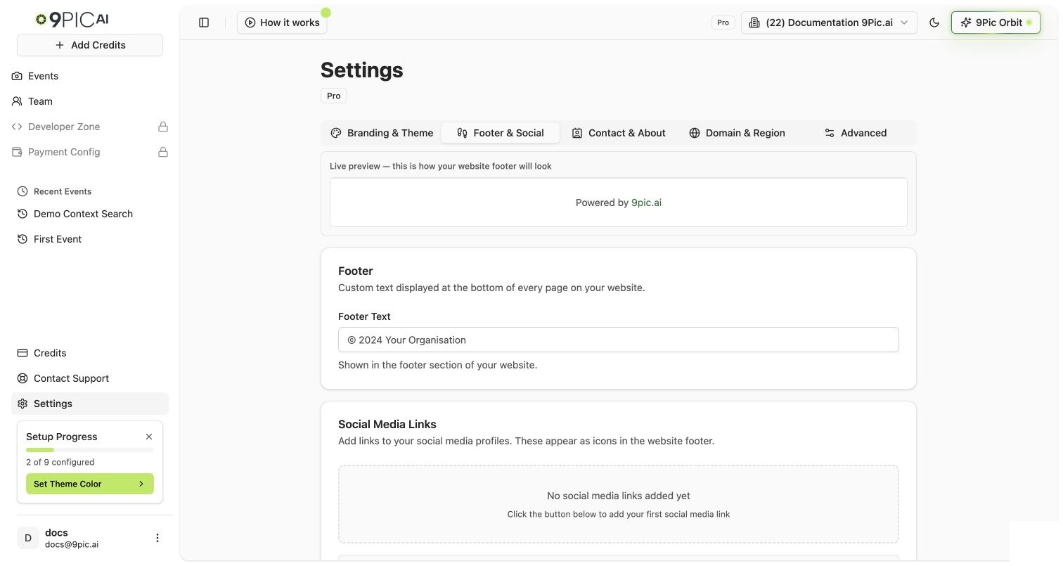 Settings page on a Pro account with Footer and Social selected, showing the Footer Text field and Social Media Links section