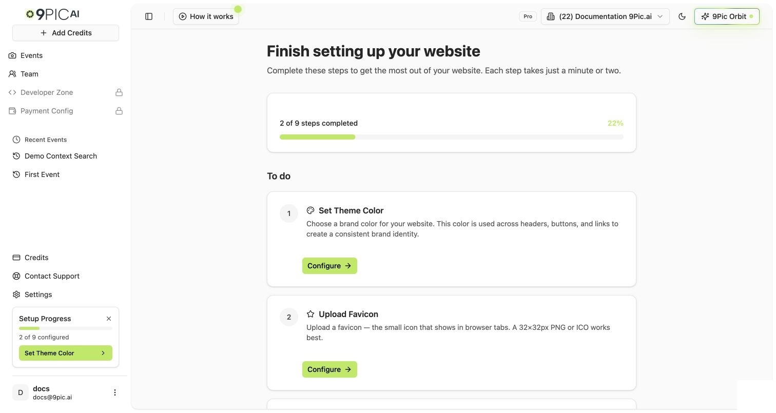 Setup Guide landing page on a Pro account showing website setup progress, To do steps, and Configure buttons