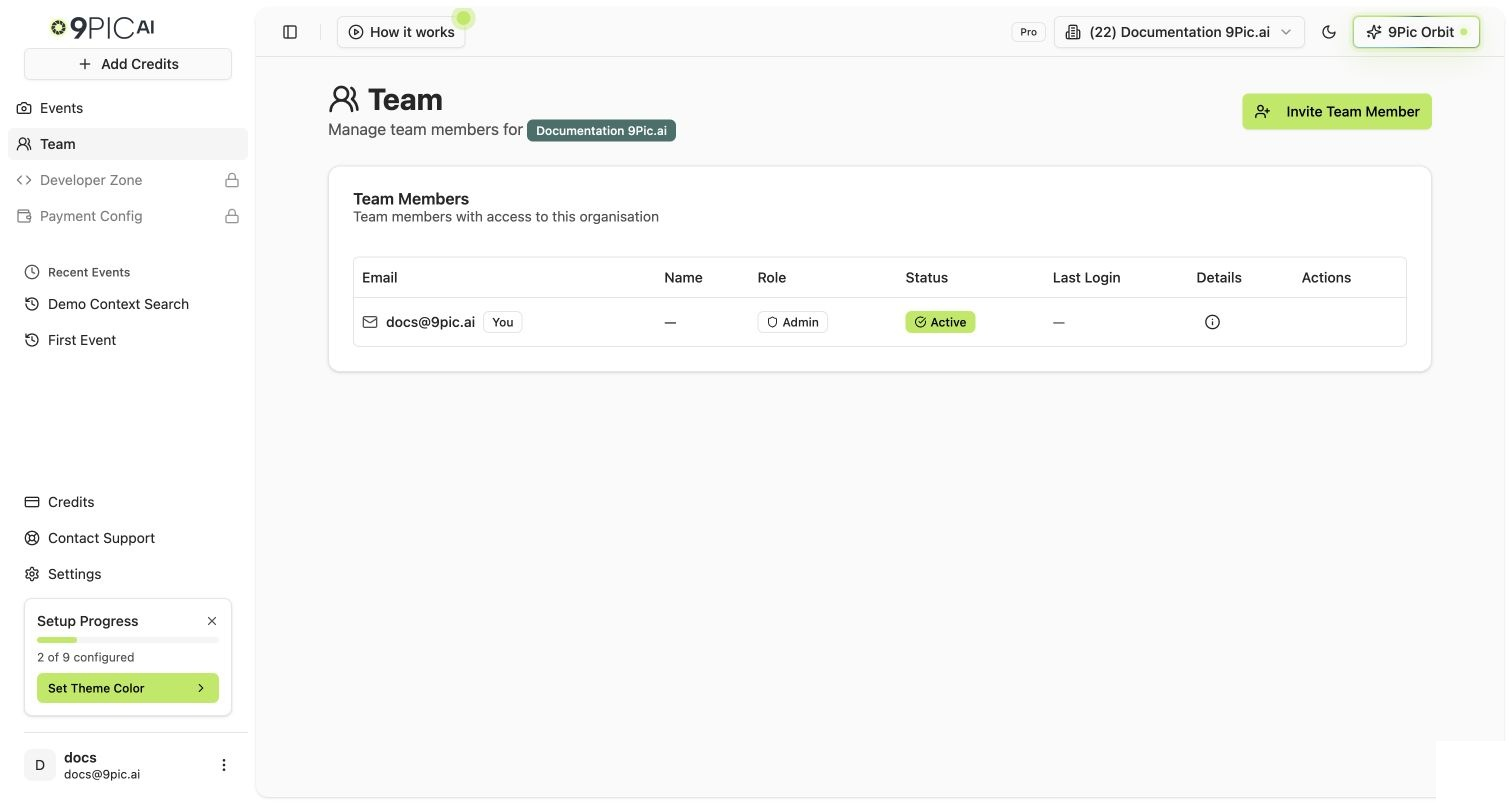 Team page on a Pro account showing the Invite Team Member button and existing team members table
