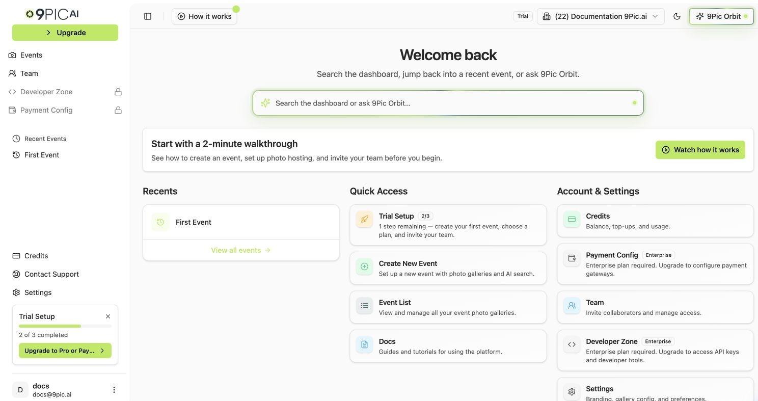 Trial dashboard home showing the walkthrough banner, Quick Access cards, Trial Setup progress, and highlighted Upgrade button