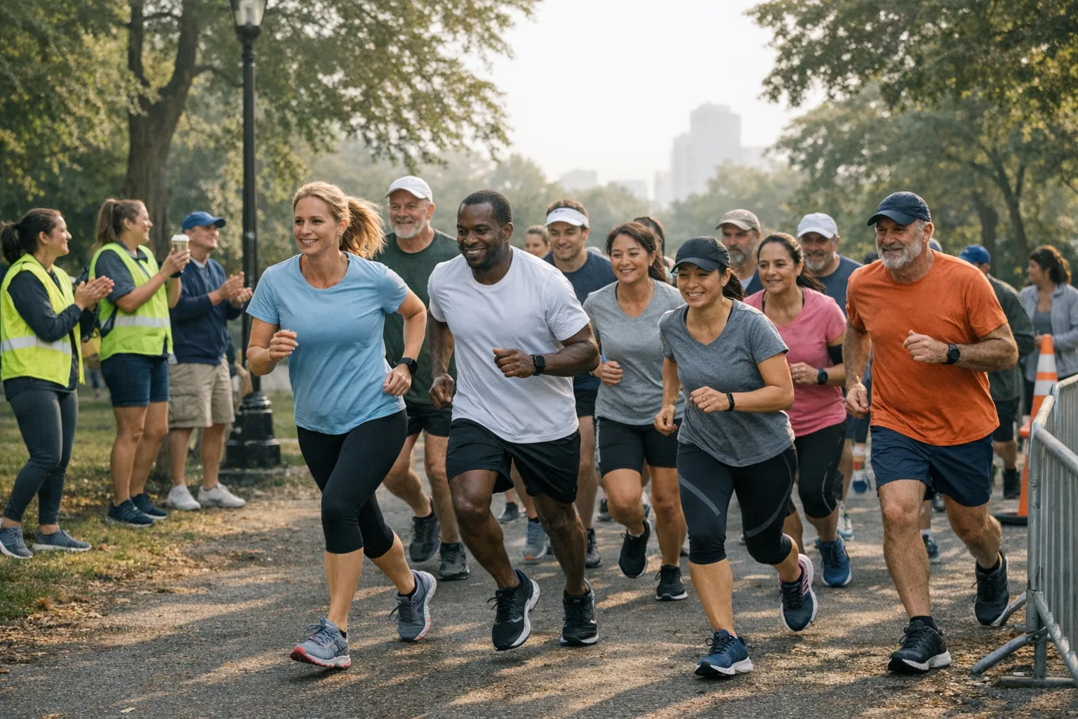 AI-generated scene of participants starting a community charity run in a public park