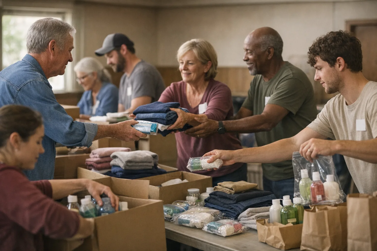 AI-generated scene of volunteers sorting donation supplies at a community service table