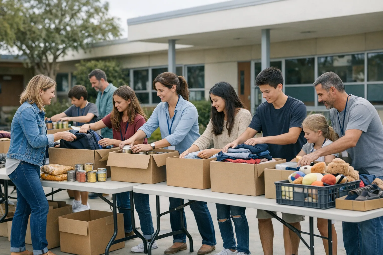 AI-generated scene of students, parents, and teachers organizing a school social impact drive