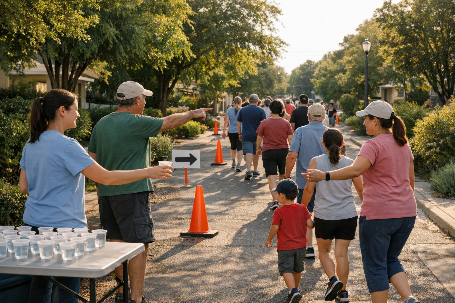 AI-generated scene of volunteers guiding a community awareness walk