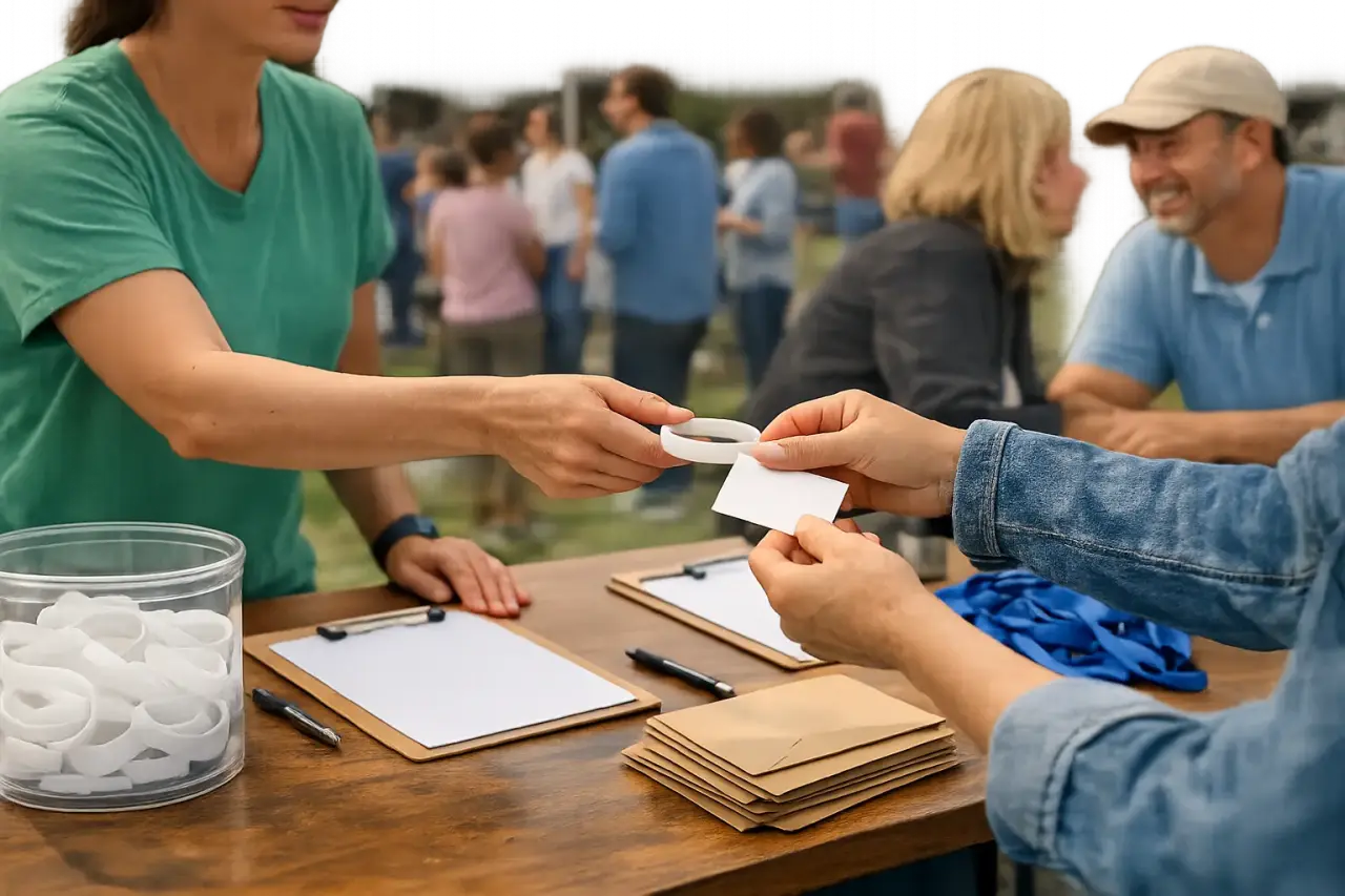 AI-generated scene of a blank registration desk for a cause-led community event