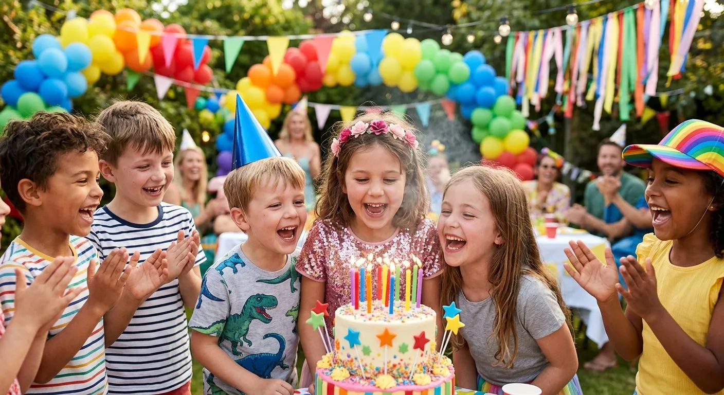 Kids blowing out birthday candles at a colorful outdoor birthday party