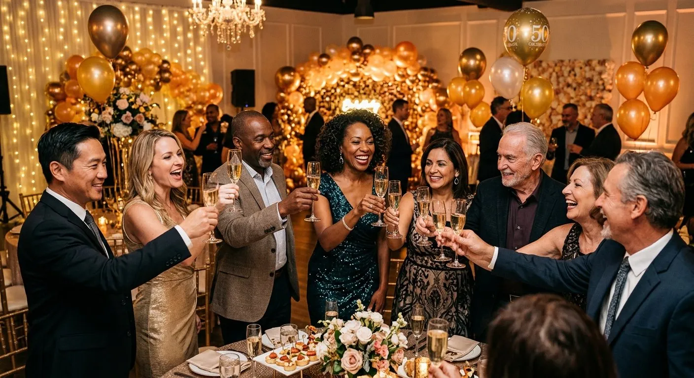 Milestone birthday celebration with adults toasting champagne