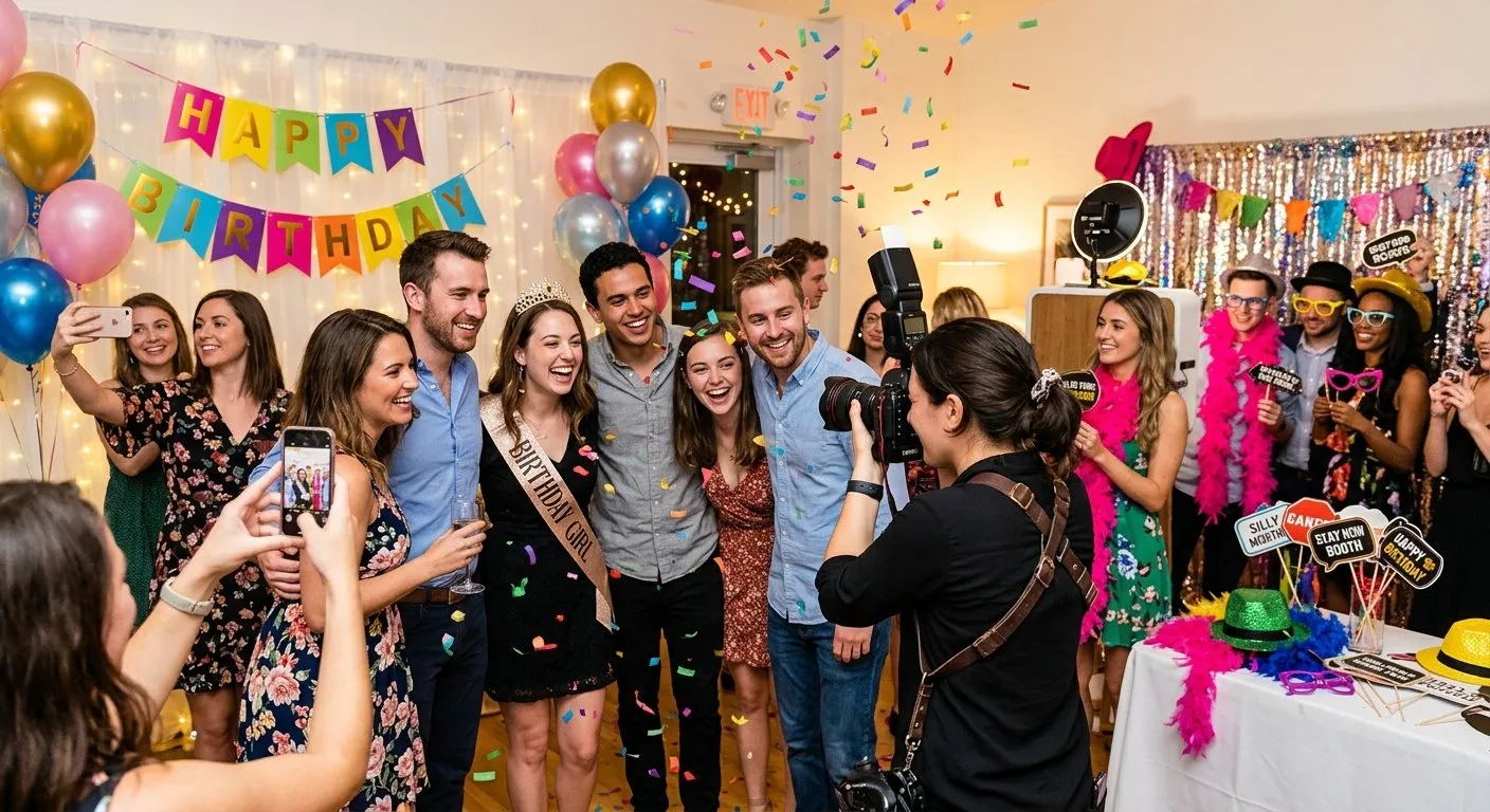 Birthday party guests capturing photos and candid moments