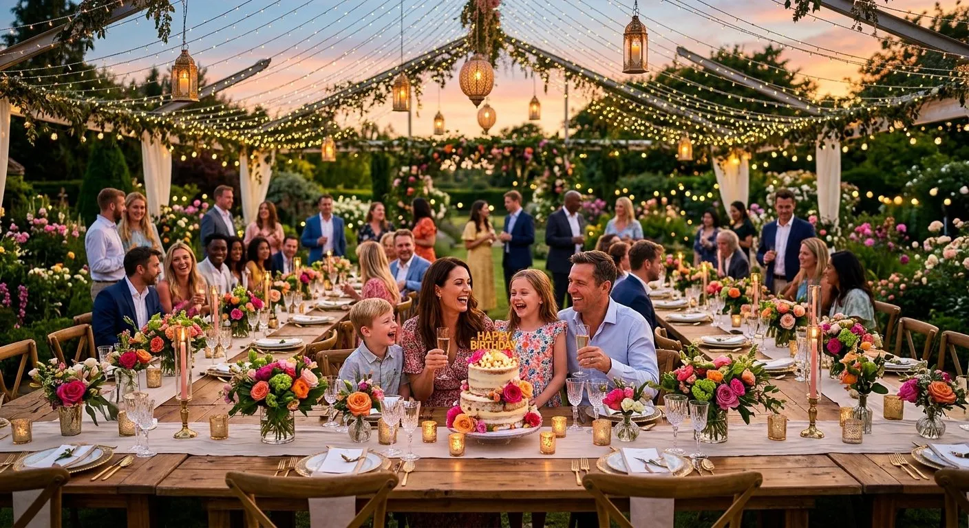 Elegant outdoor garden birthday party at sunset with fairy lights