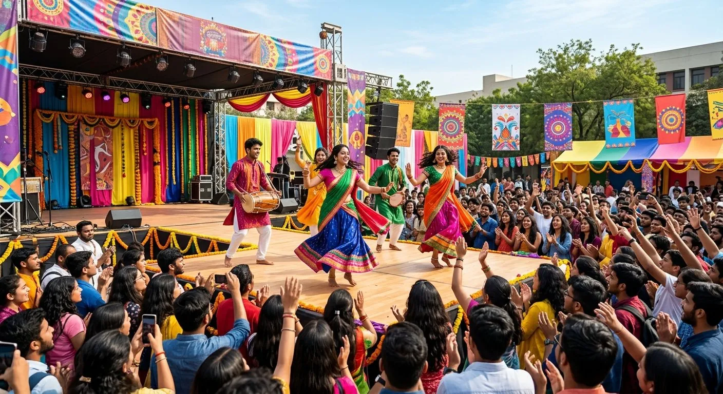 College cultural fest with students performing on a vibrant outdoor stage