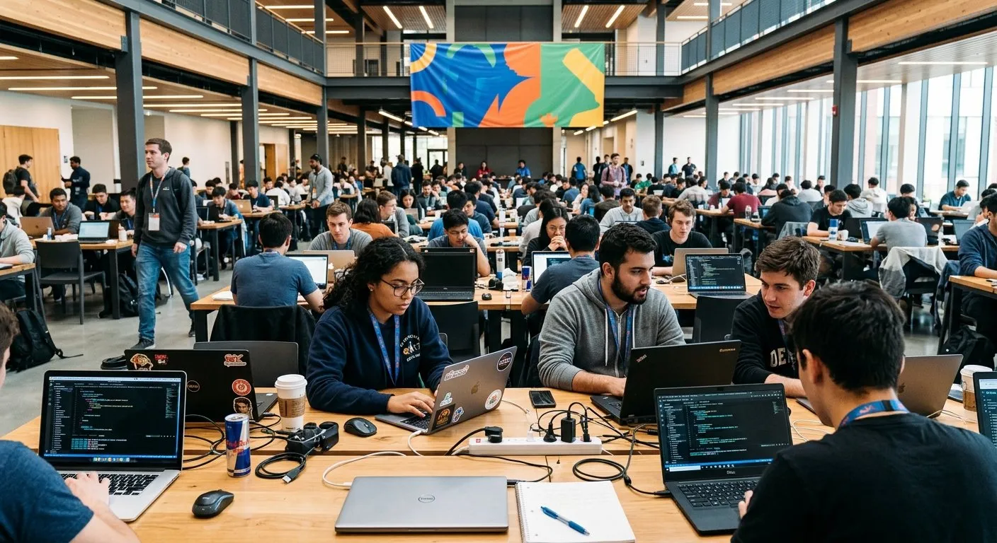 College hackathon event with students working on laptops