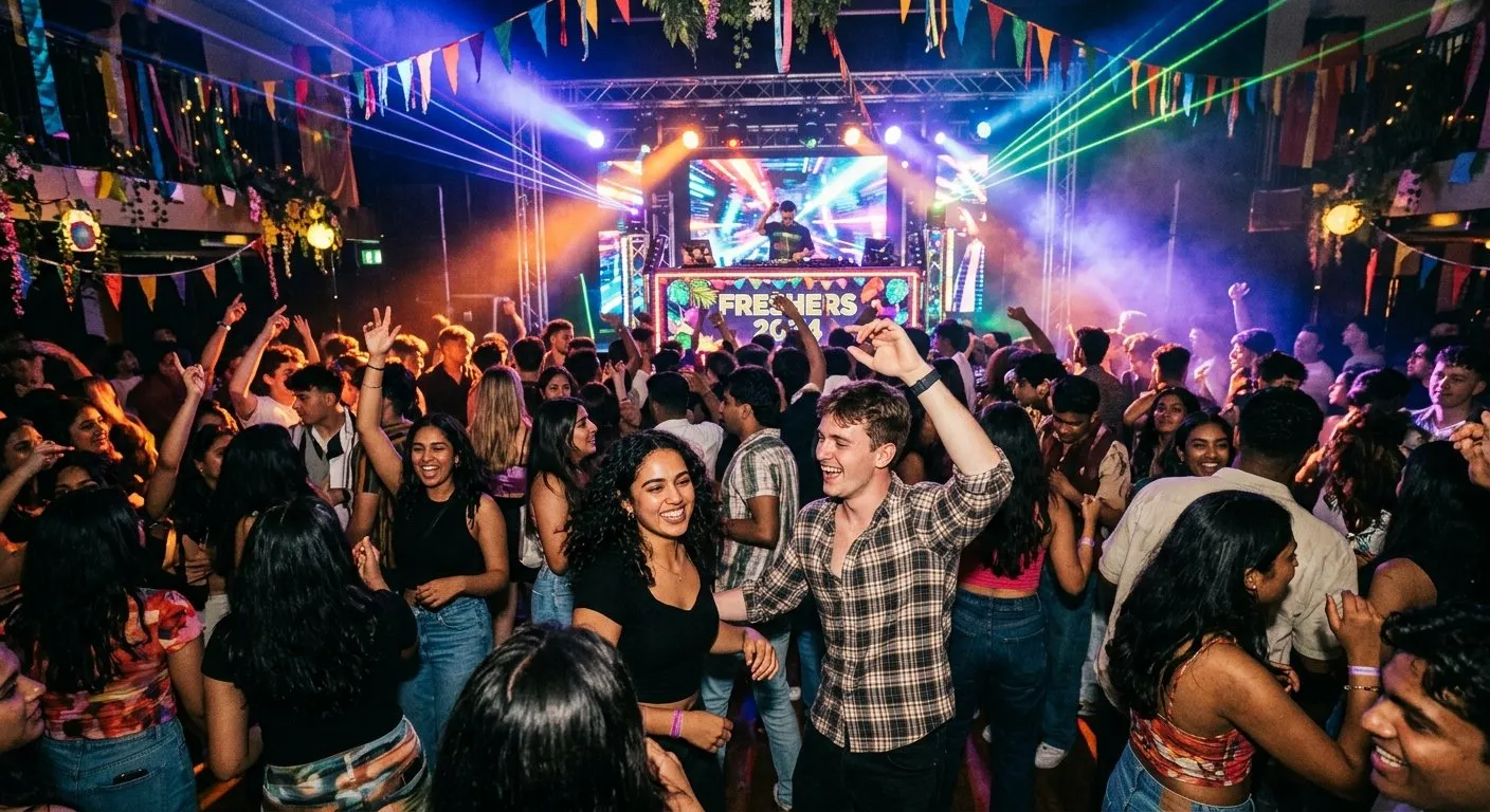 College freshers party with students dancing and celebrating