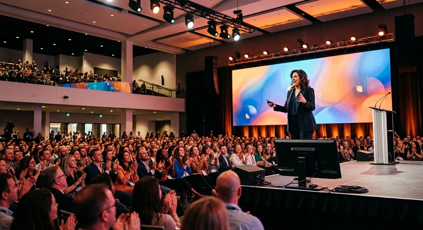 Conference keynote speaker presenting to a large audience on stage
