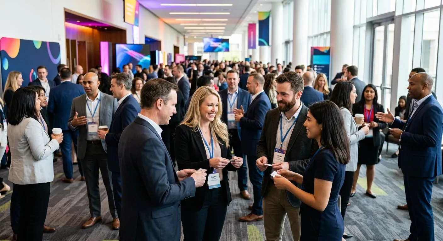 Networking session at a professional conference with attendees mingling