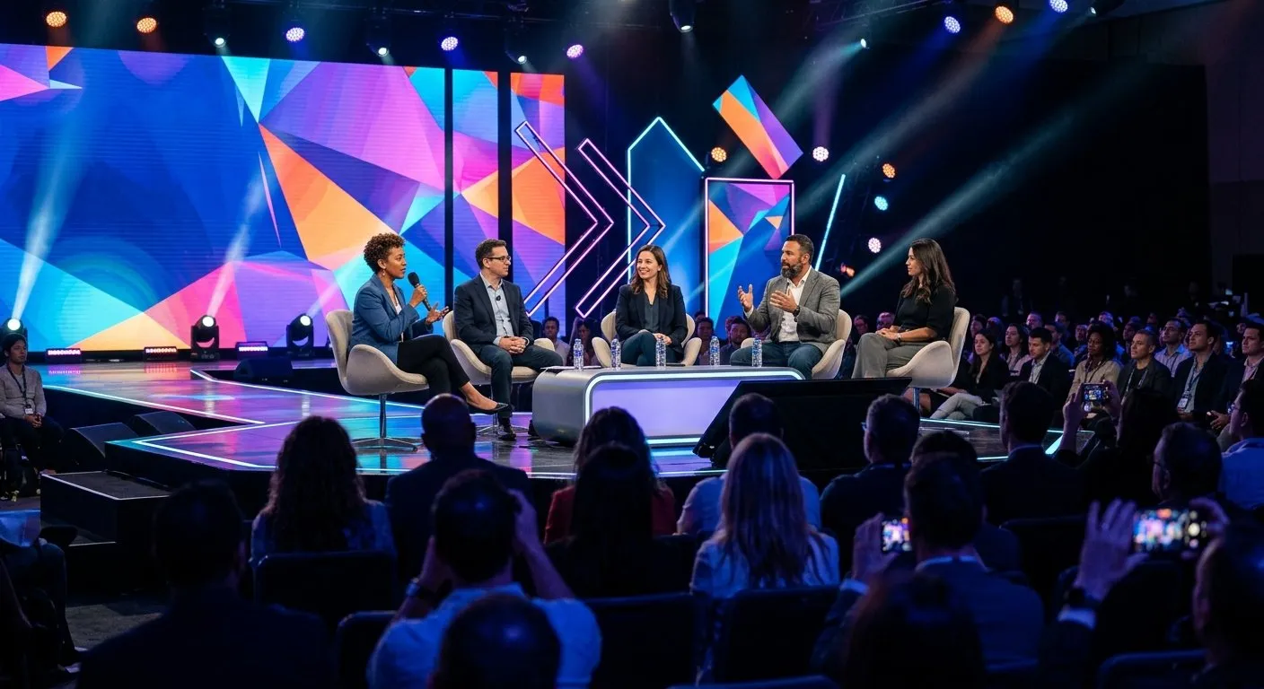Panel discussion at a tech conference with speakers and audience