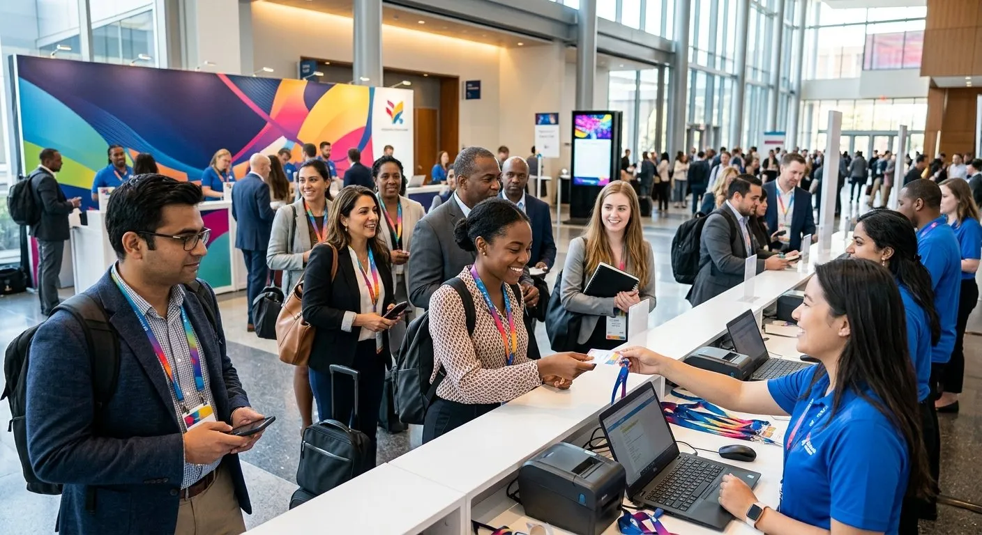 Conference attendees at a registration area in a modern venue