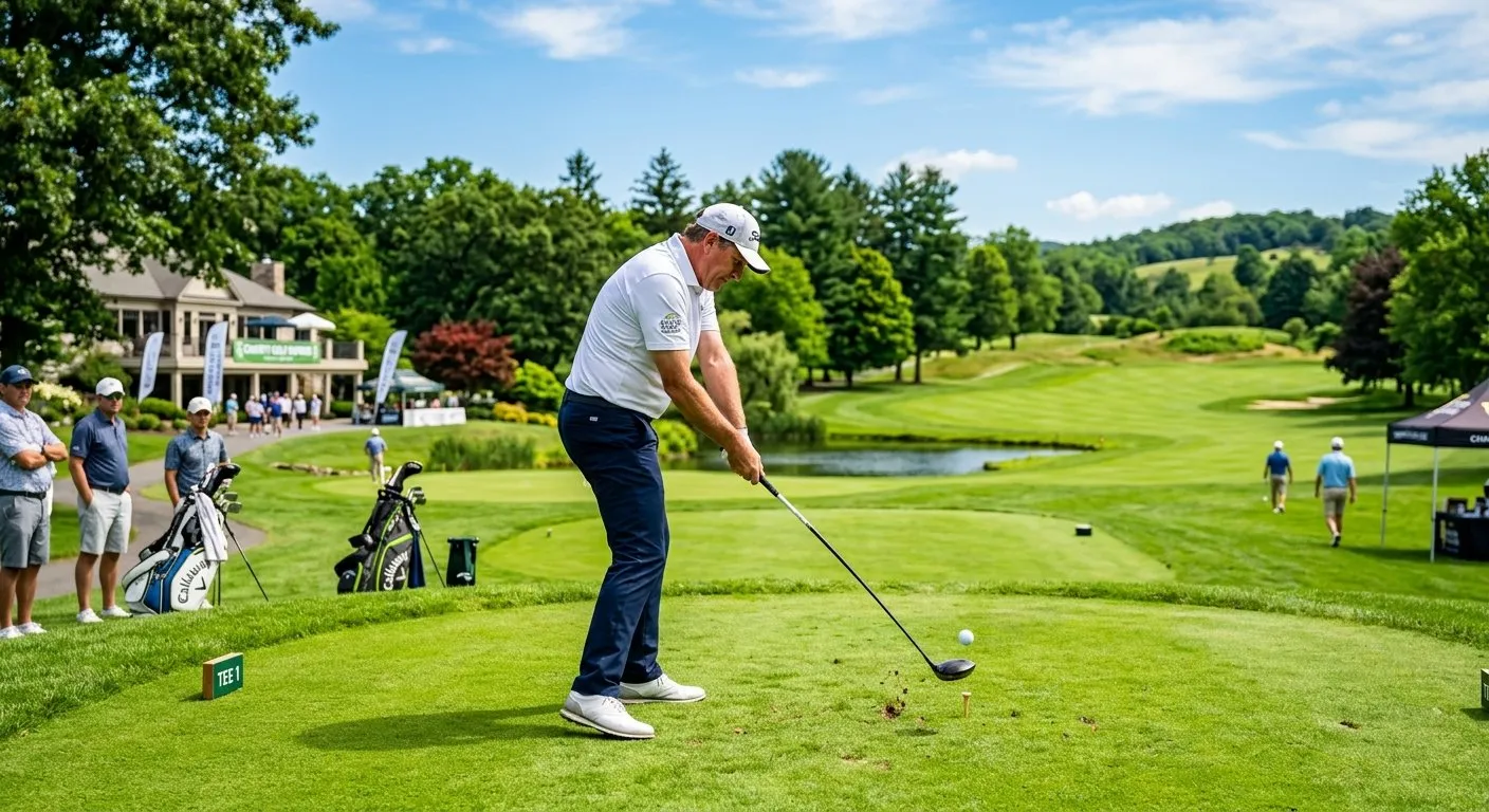 Golfer teeing off at a charity golf outing on a beautiful course