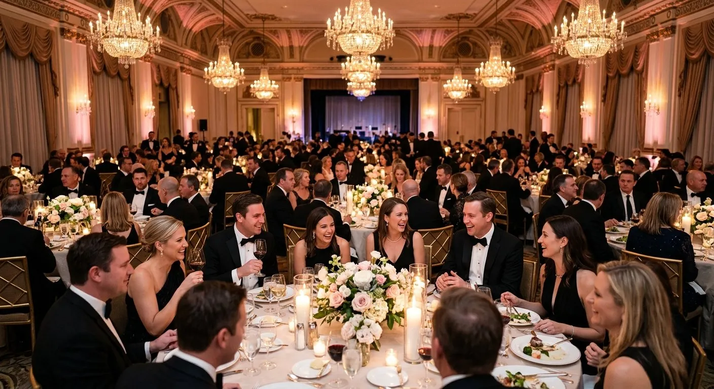 Corporate gala dinner with professionals at decorated tables