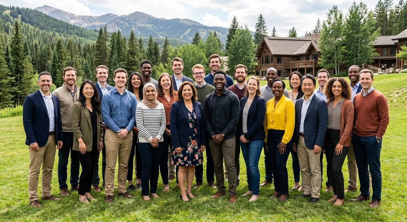 Corporate retreat group photo with diverse team outdoors