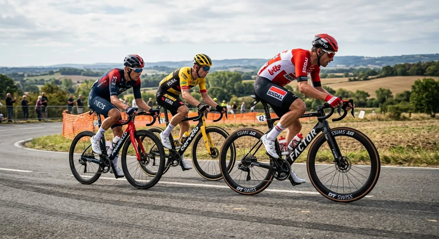 Three cyclists in a breakaway on an open road race with sparse spectators