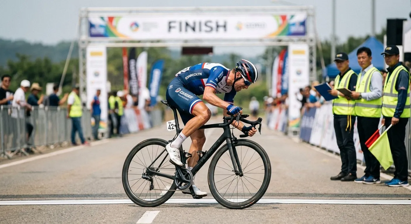 Cyclist sprinting into a finish line with sparse spectators in the background