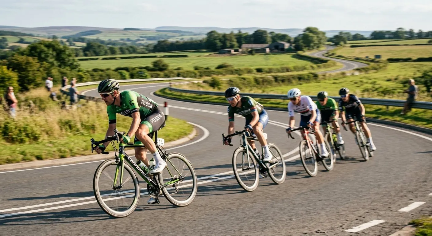 Small peloton of cyclists rounding a country turn on an open road