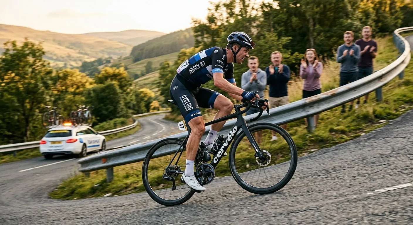 Solo cyclist attacking a hill climb with spectators far behind the barriers