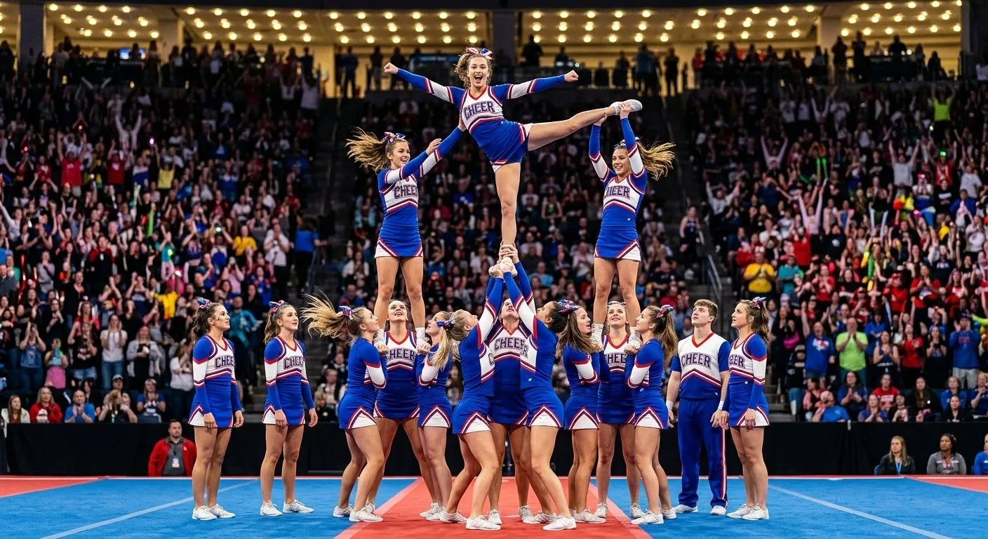 Cheerleading squad performing an acrobatic pyramid at a competition