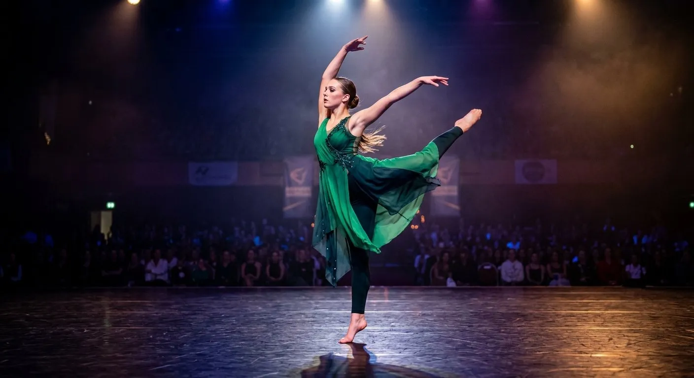 Solo dancer performing contemporary dance on a competition stage