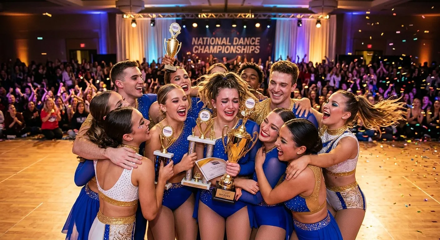 Dance team celebrating with trophies after winning a competition