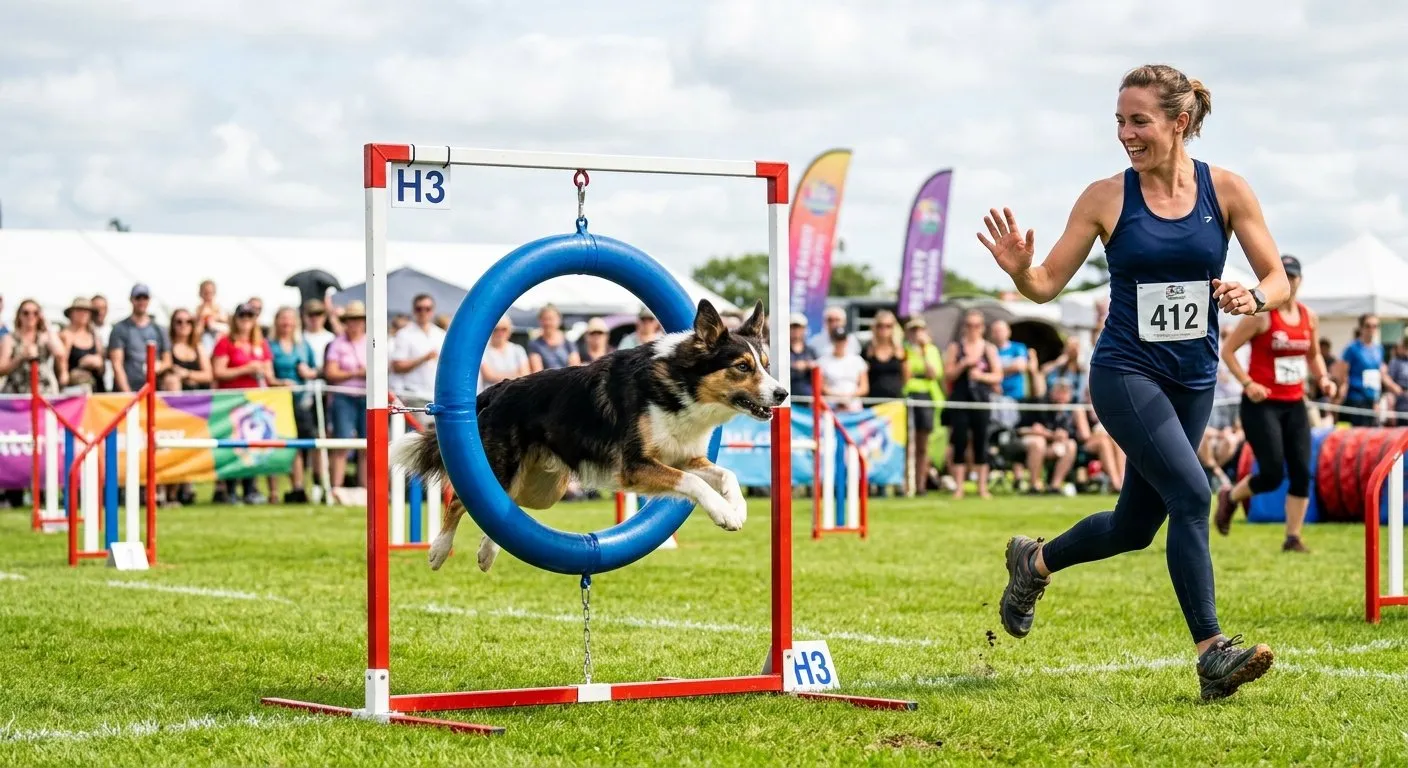 Dog agility competition with a border collie jumping through an obstacle
