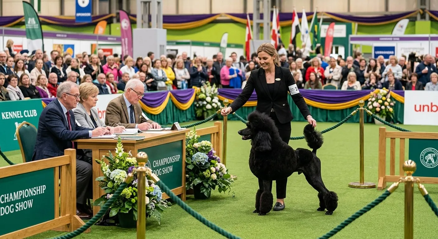Kennel club dog show with handler presenting a show dog to judges