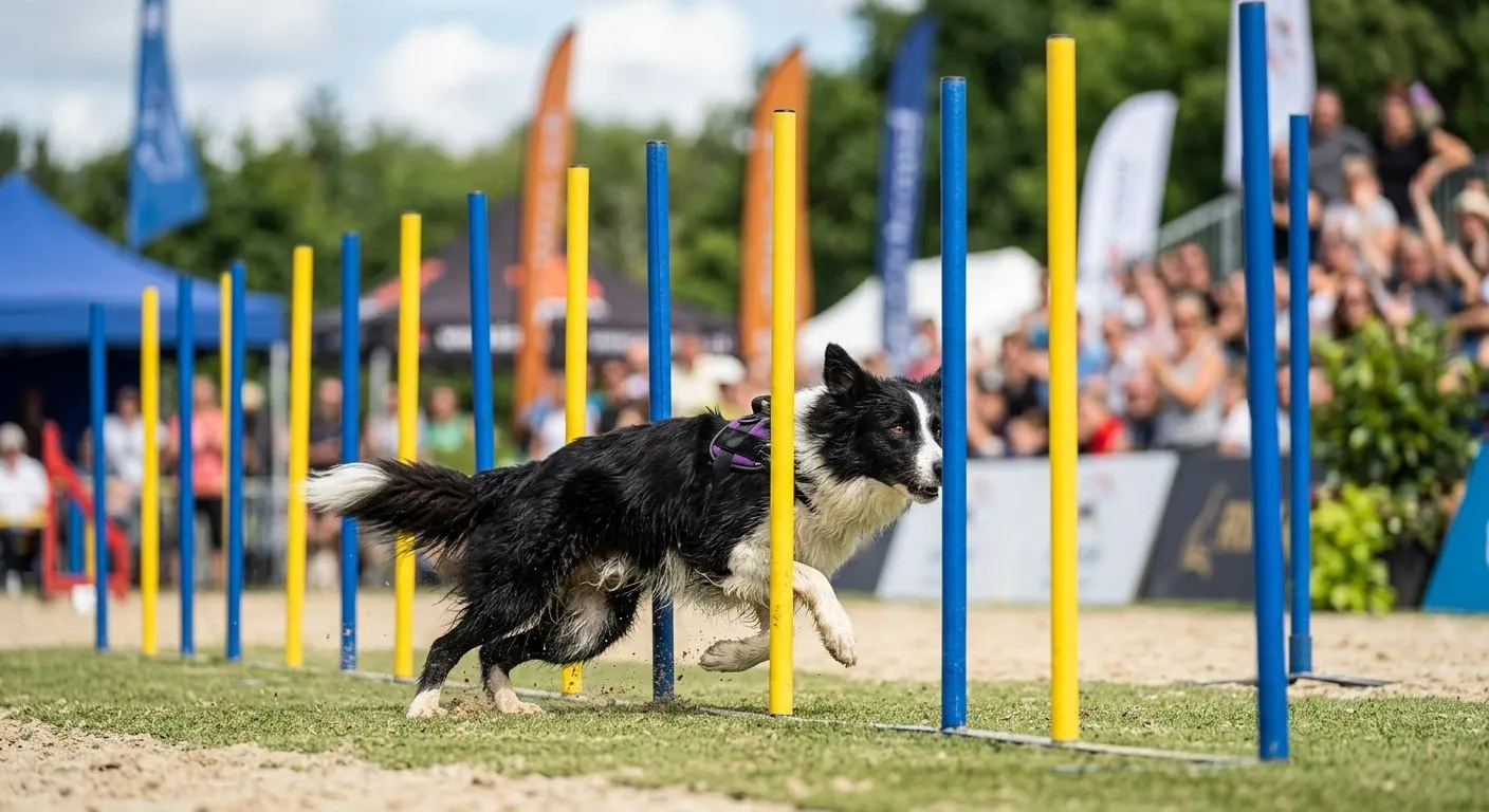 Dog weaving through agility poles at high speed in competition