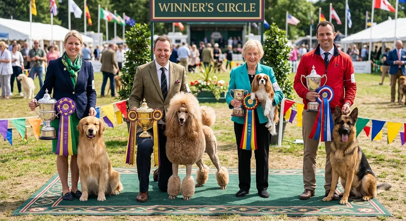 Dog show winners posing with their dogs and trophies