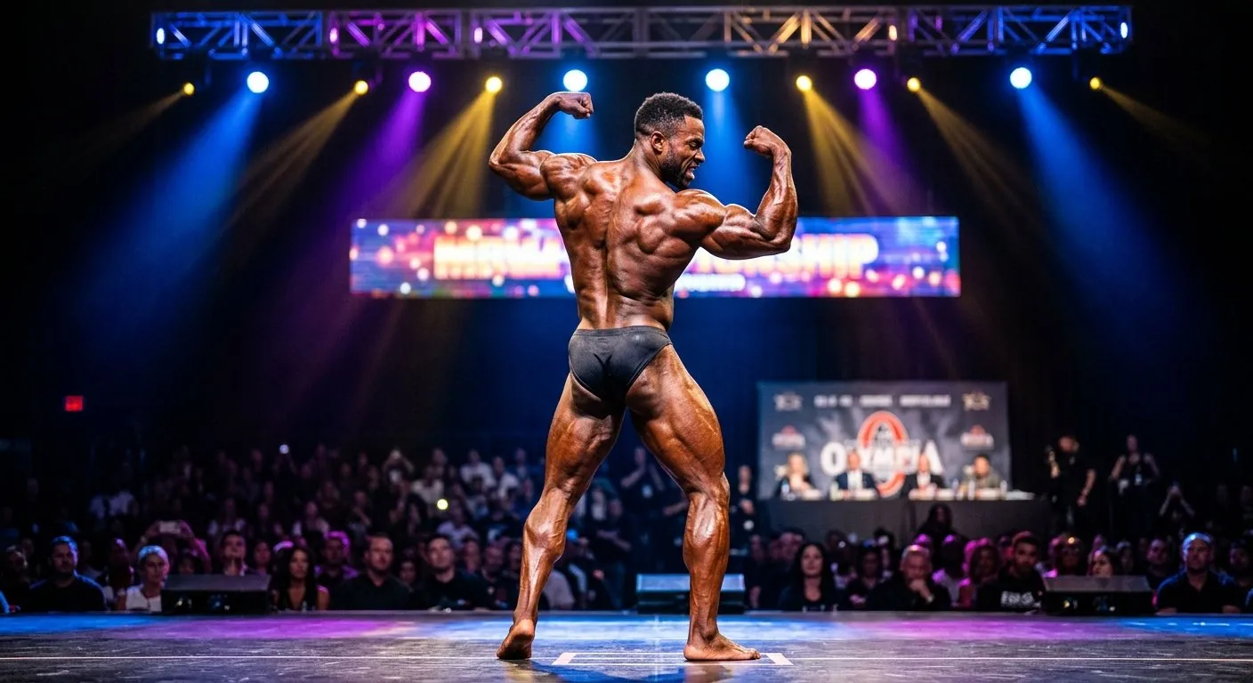 Bodybuilding competition with contestant posing under dramatic spotlights