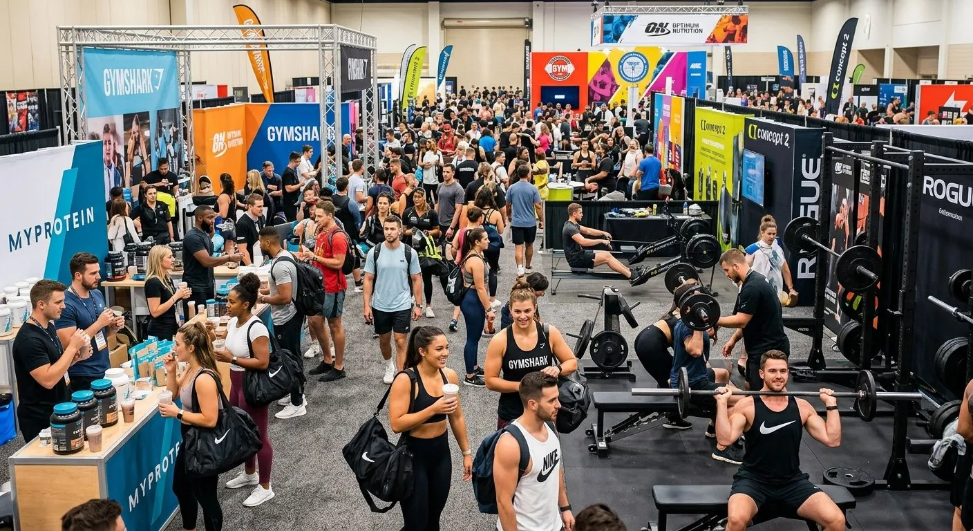 Fitness expo floor with attendees at branded equipment booths